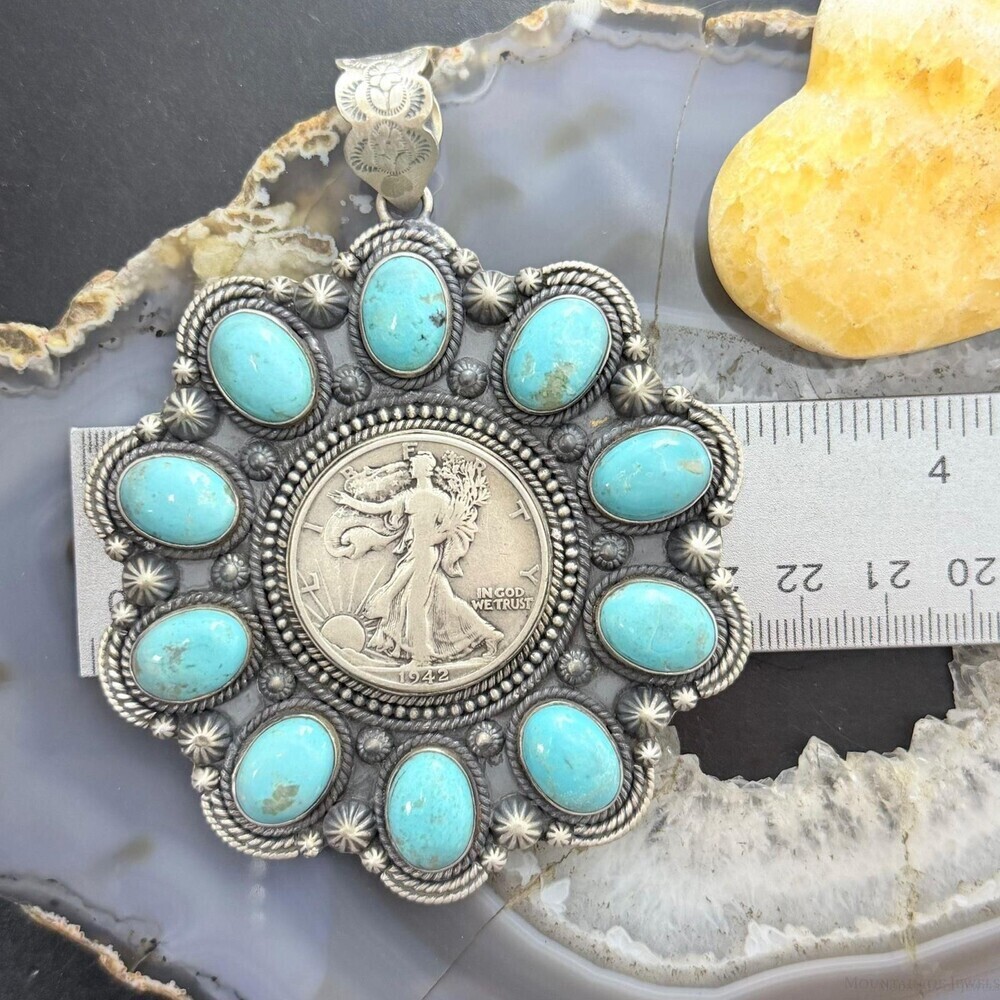 Genuine 1942 90% Silver Walking Liberty Half Dollar Coin w/Turquoise Uni Pendant - Picture 10 of 11
